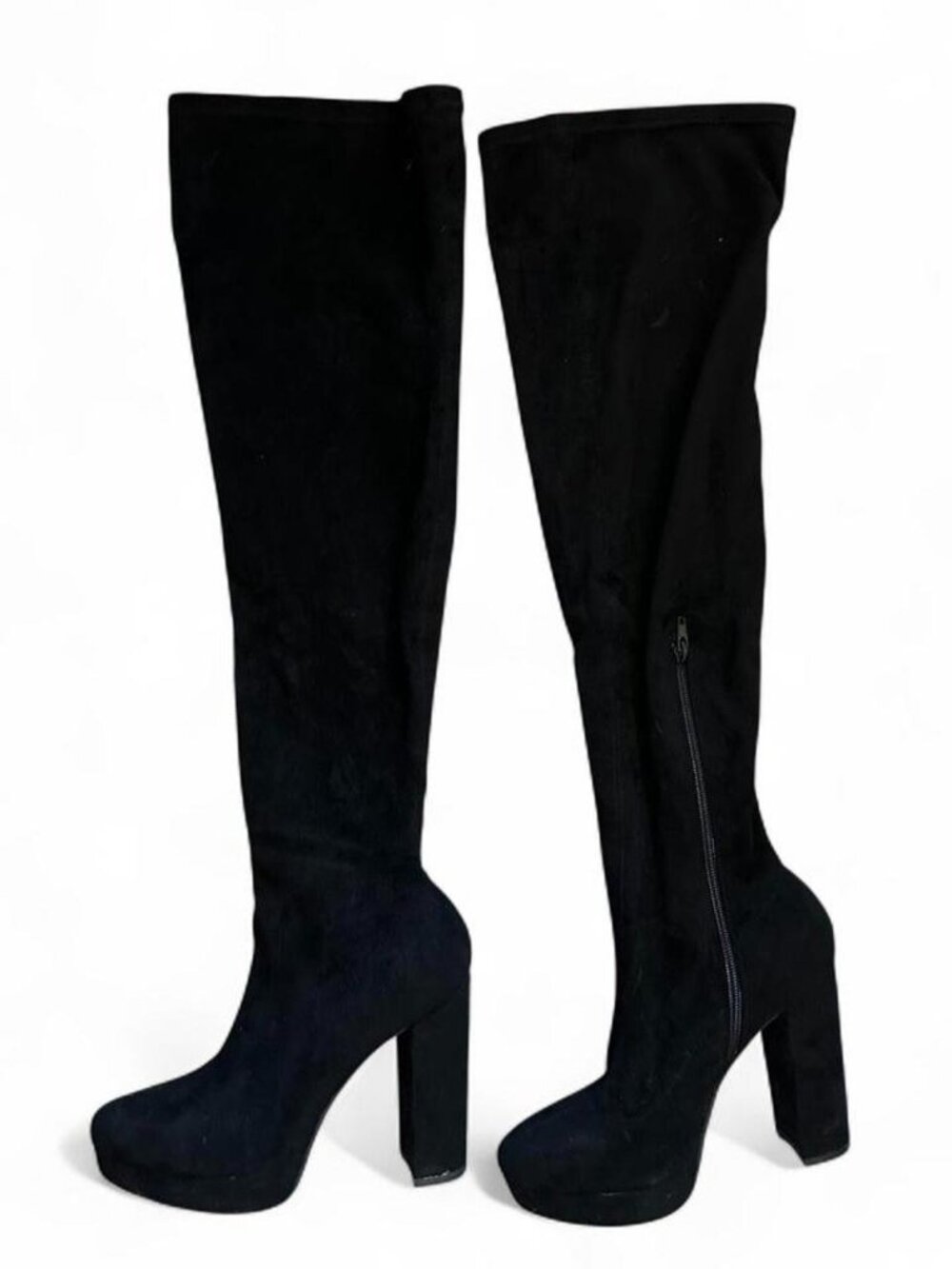 Black suede over-the-knee boots with platform and block heel